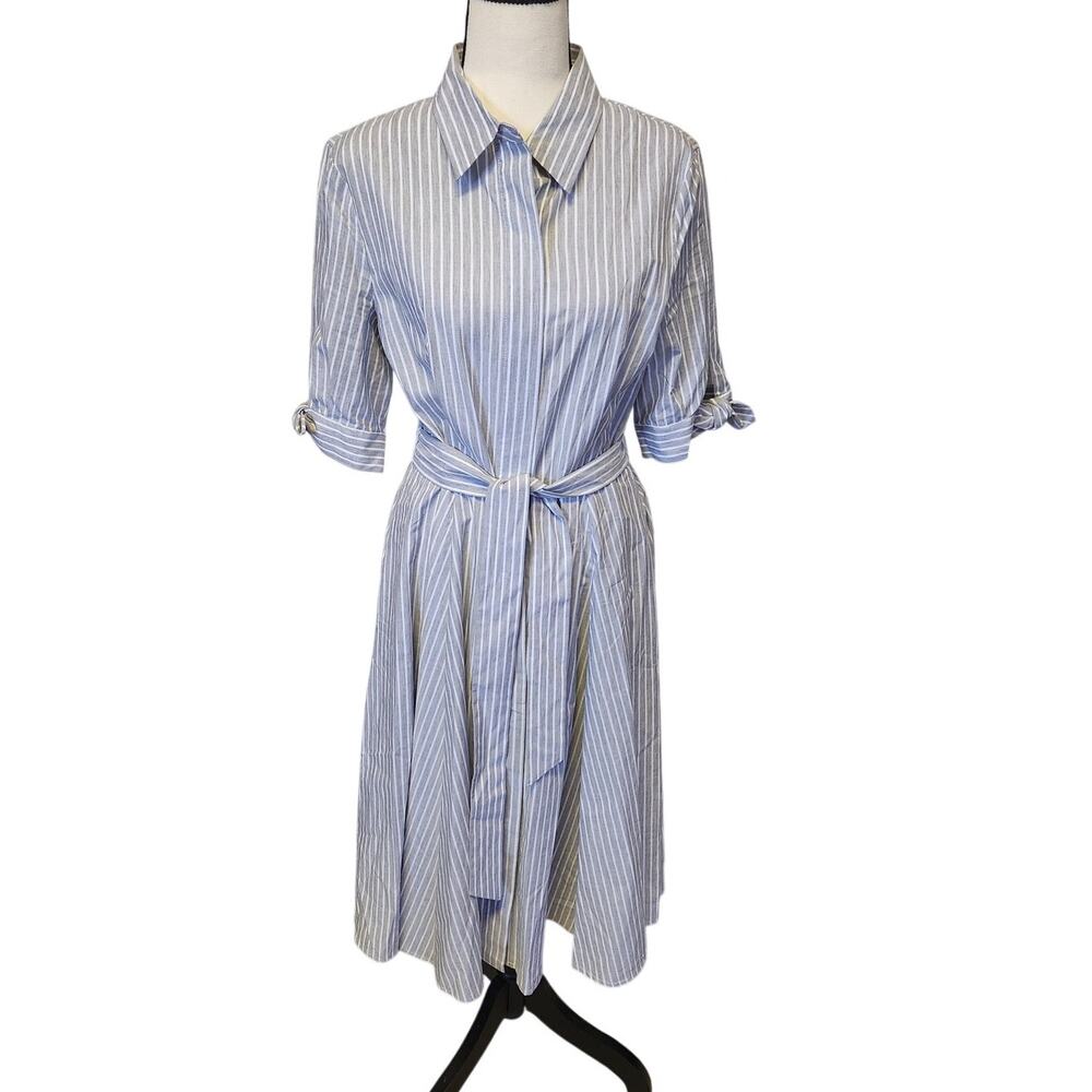 Calvin Klein Gray White Striped A-Line Cotton Shirt Dress Size 10 NWOT